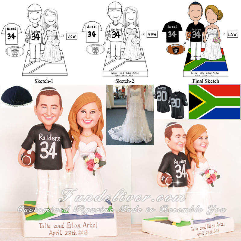 Oakland Raiders Football Wedding Cake Toppers with South African Flag